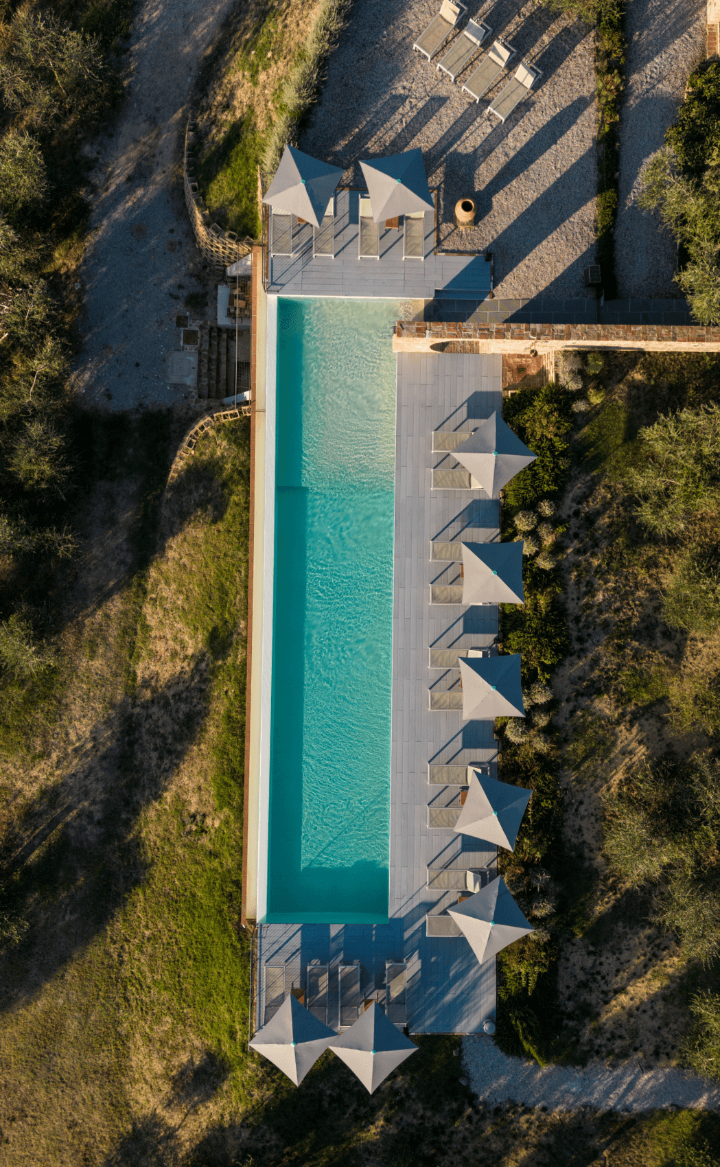 Aerial pool view of Borgo69 in Tuscany