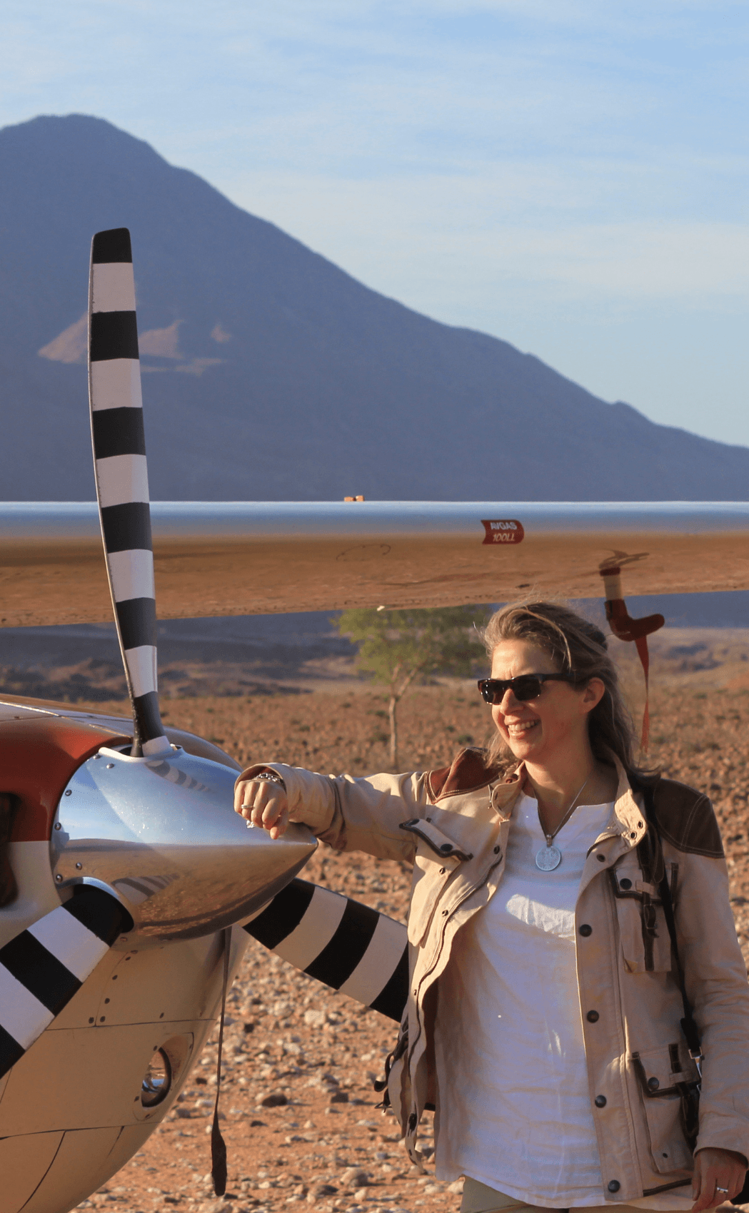 Albee travelling on a light aircraft in Namibia